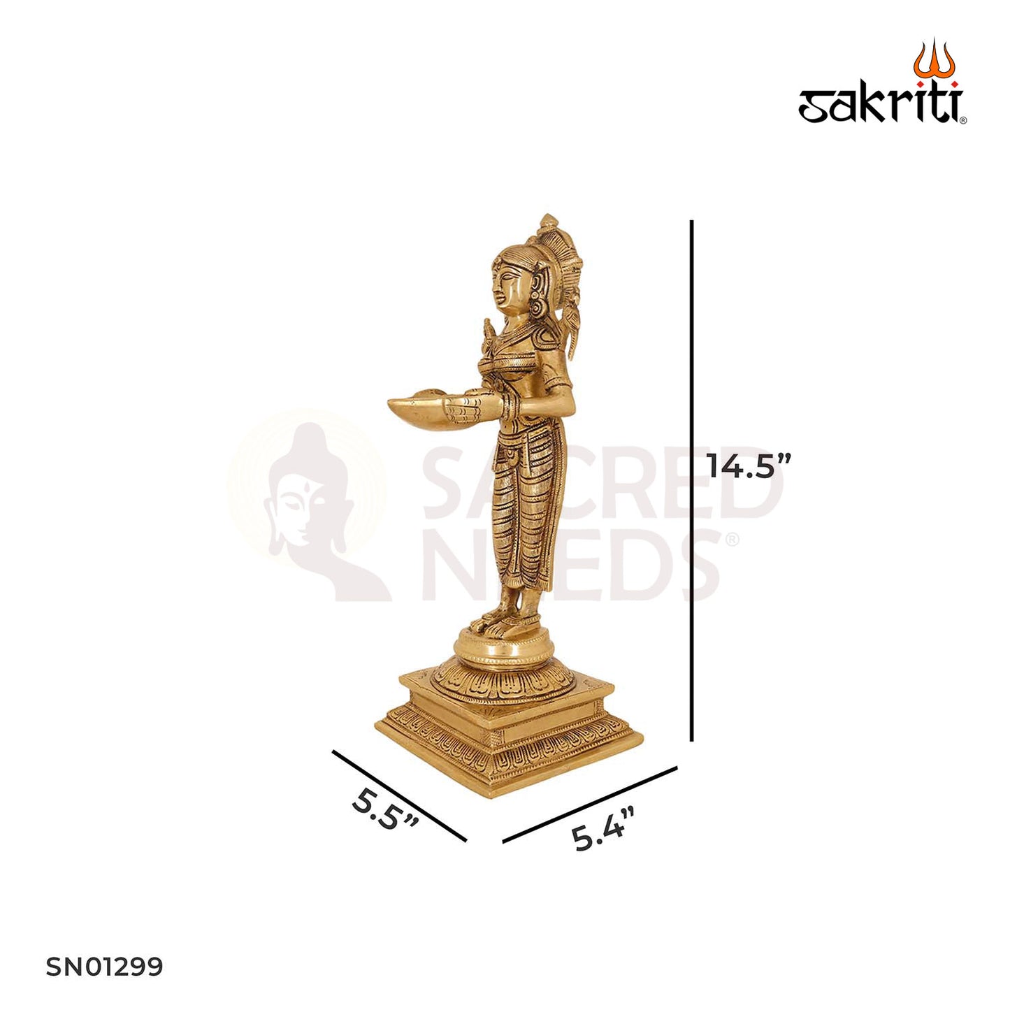 Brass Pavai Vilakku – 14.5 Inch Standing Lady Oil Lamp for Pooja and Spiritual Ambience