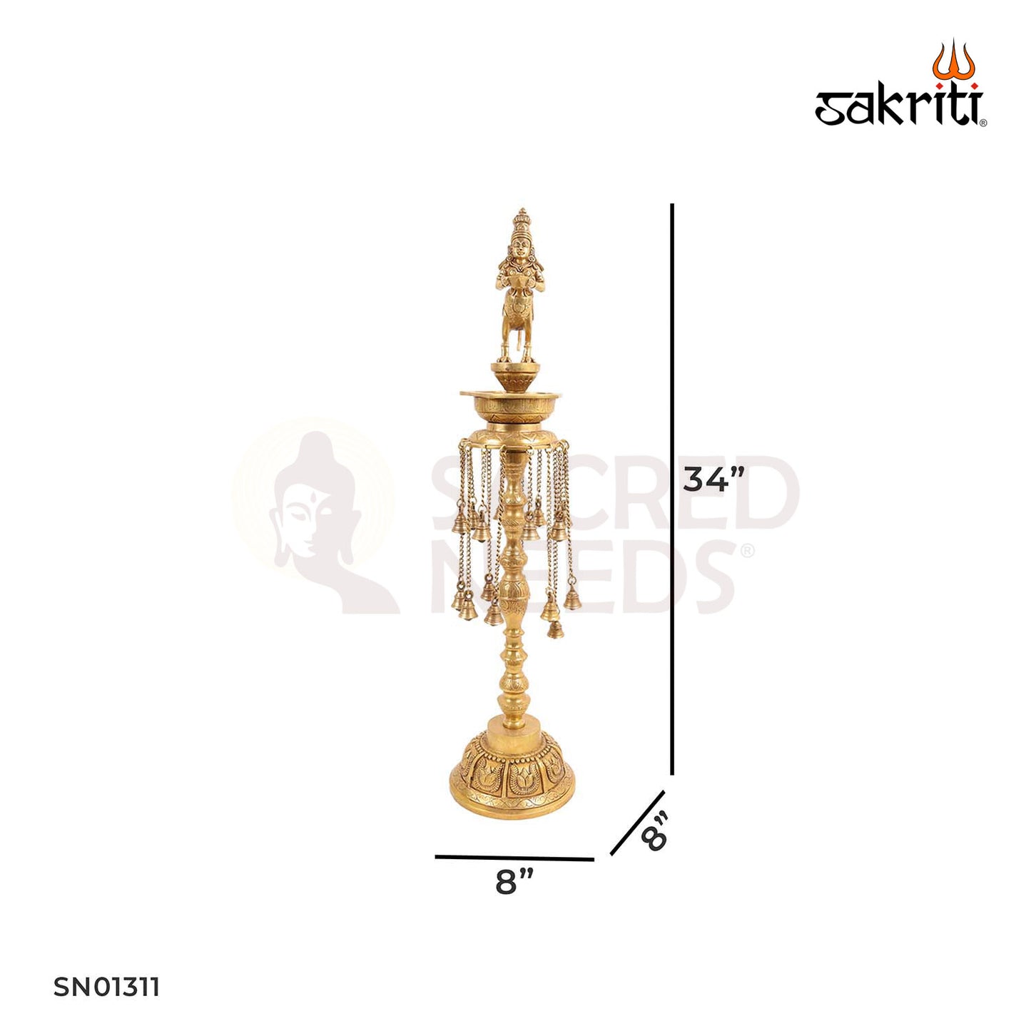 Brass Pavai Vilakku with Bells – 34 Inch Lady Holding Oil Lamp with Bell Accents for Large Pooja Rooms