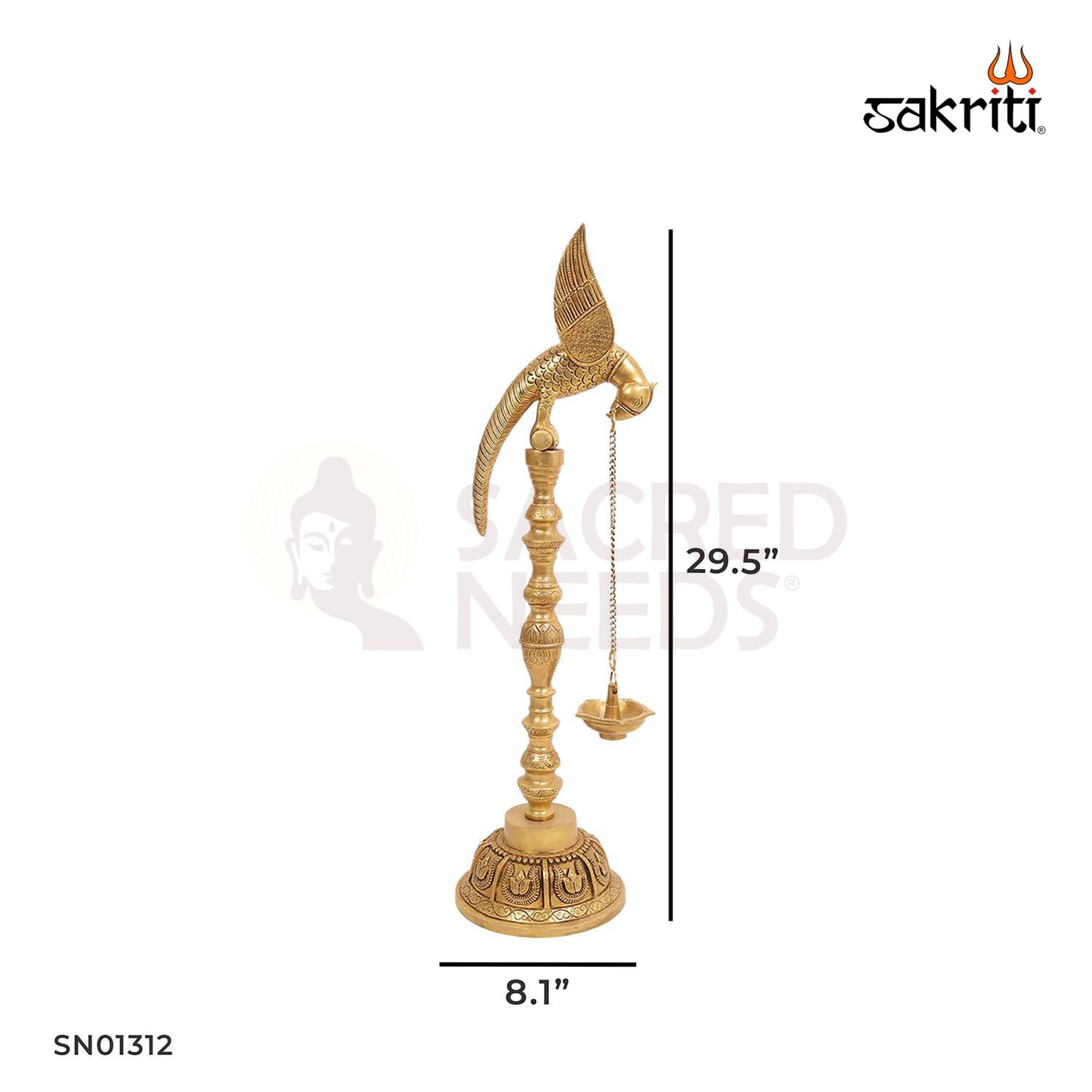Parrot Lamp with Bell Hangings – 29.5 Inch Ornate Hanging Deepam for Temple Decor