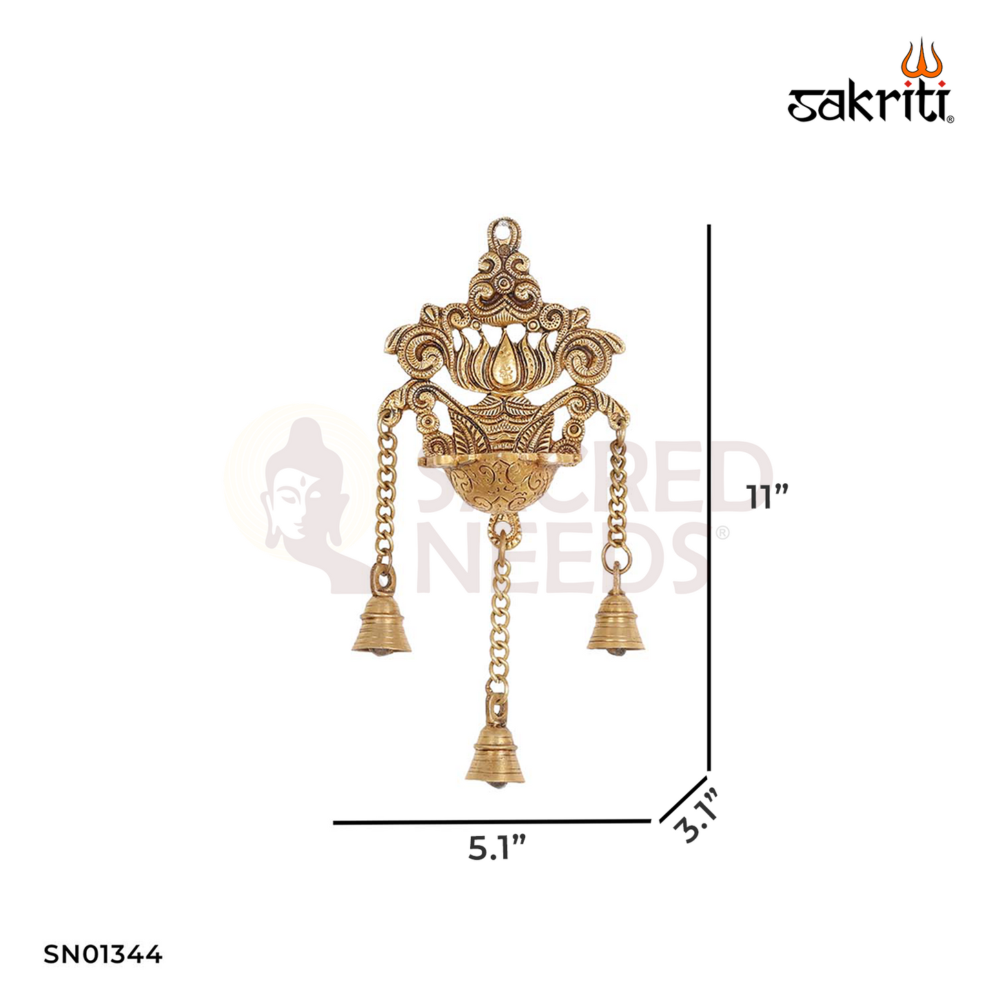 Brass Wall Mounted Lotus Lamp with Bells – 11 Inch Decorative Hanging Deepam with Bells for Entrances
