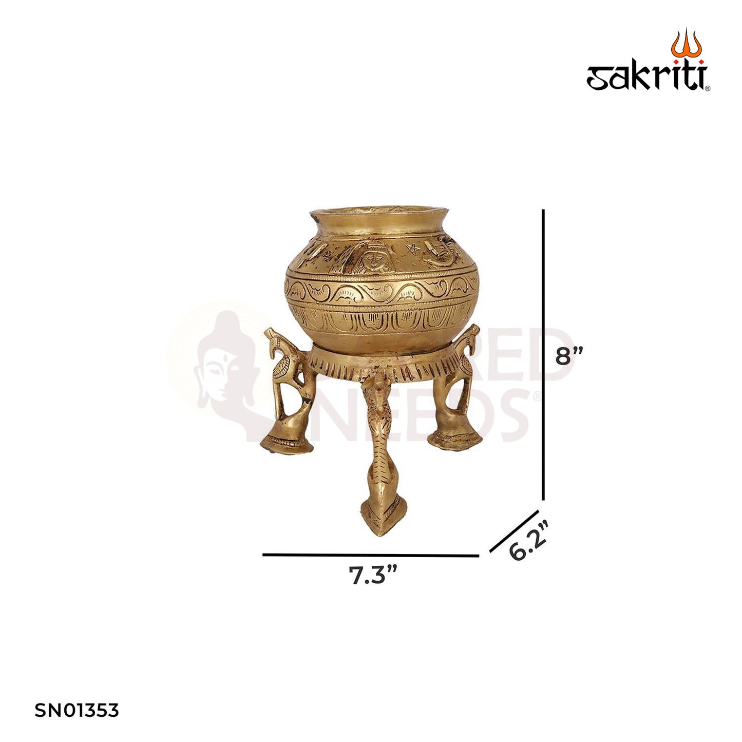 Brass Damaru Kalash with Shivan – 8 Inch Spiritual Decor Pot