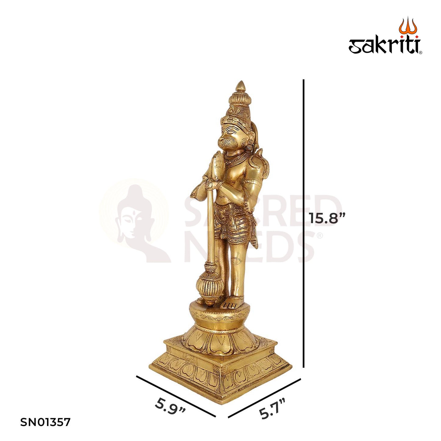 Standing Hanuman with Gada – 15.8 Inch Brass Devotional Figurine