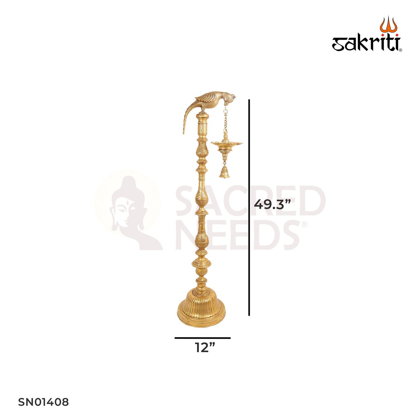 Brass Parrot Lamp with Bell Hangings – 49.3 Inch Traditional Vilakku