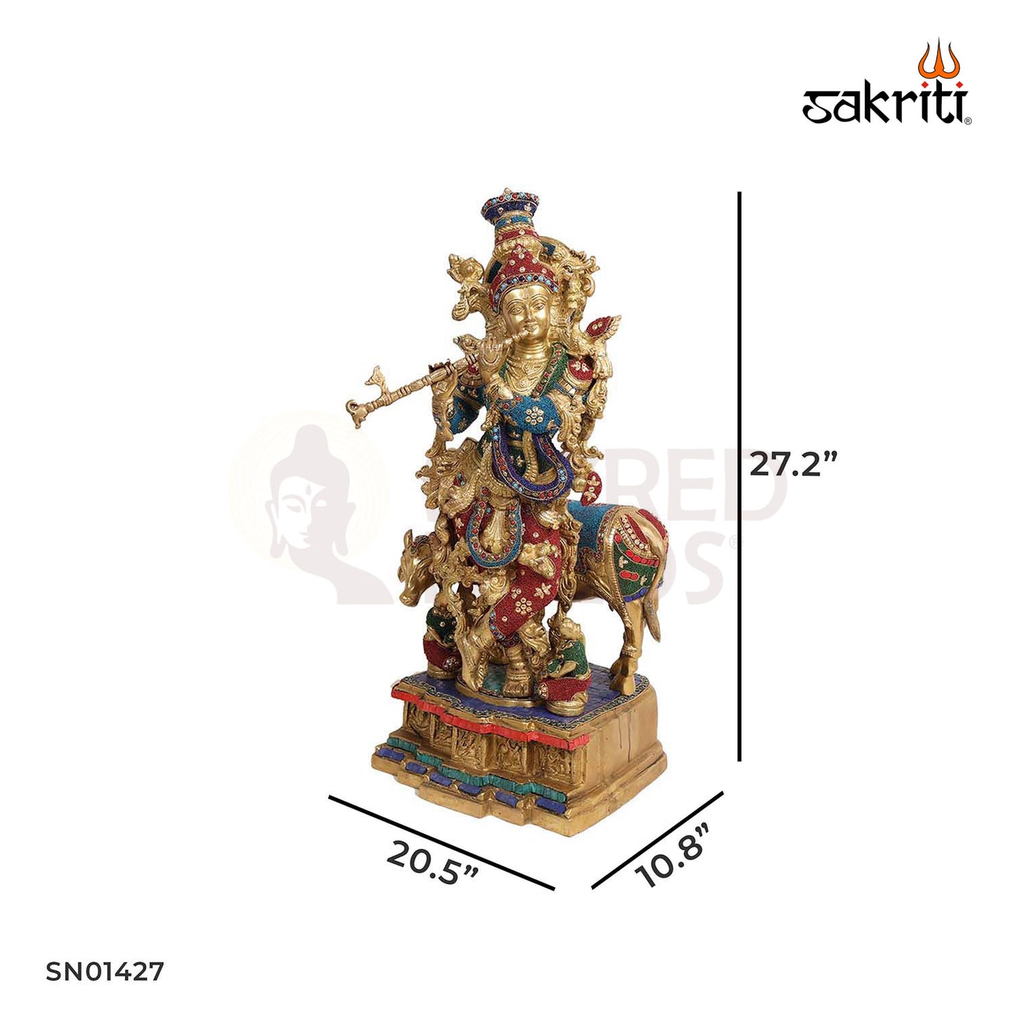 Brass Cow & Krishna with Stone Work – 27.2 Inch Colorful Decor