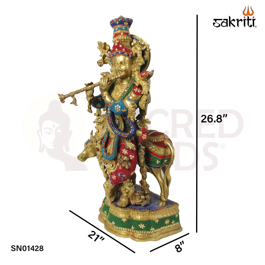 Brass Cow & Krishna with Stone Inlay – 26.8 Inch Devotional Idol