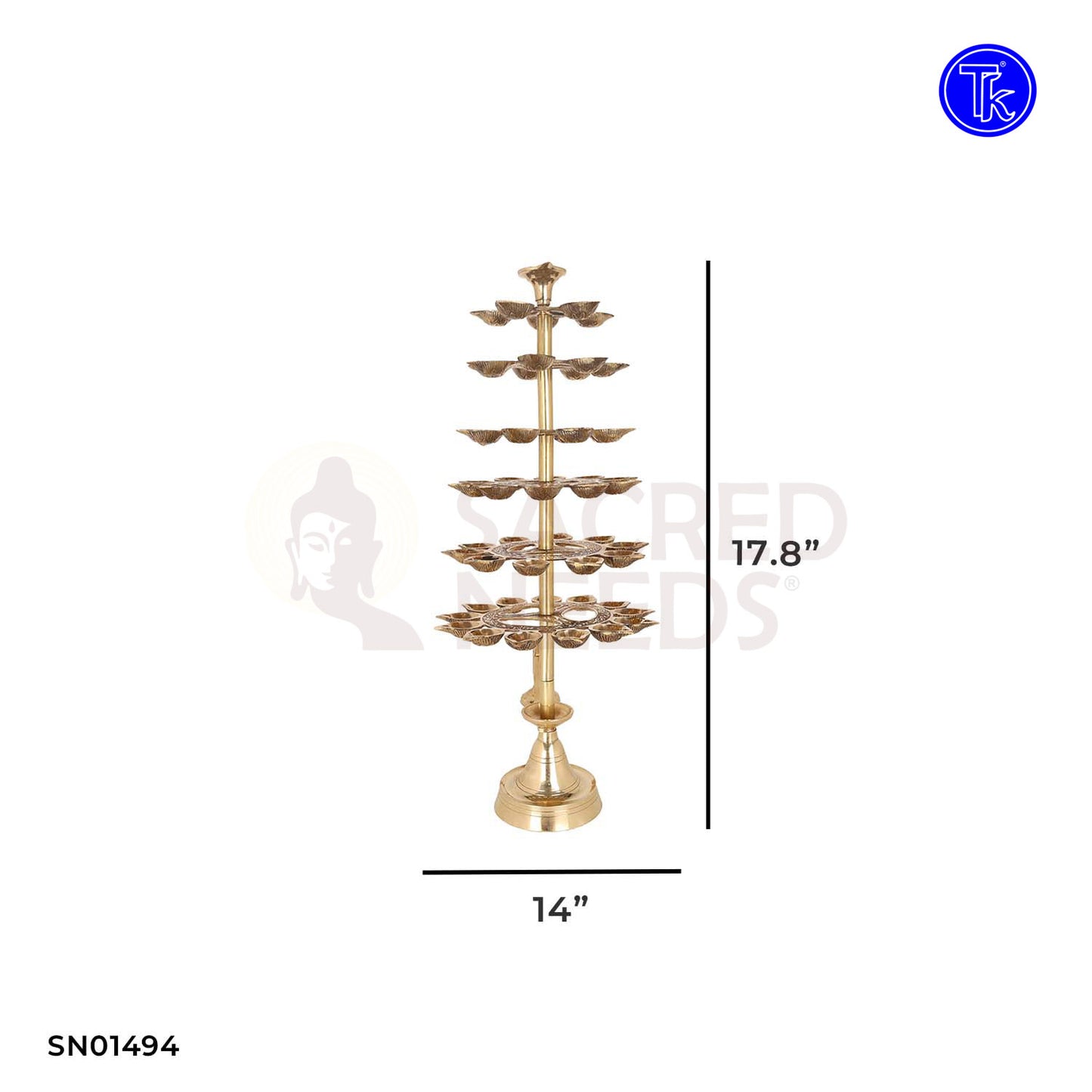 Brass 54 Face 6 Step Arti – 17.8 Inch Tiered Diya for Festivals and Puja