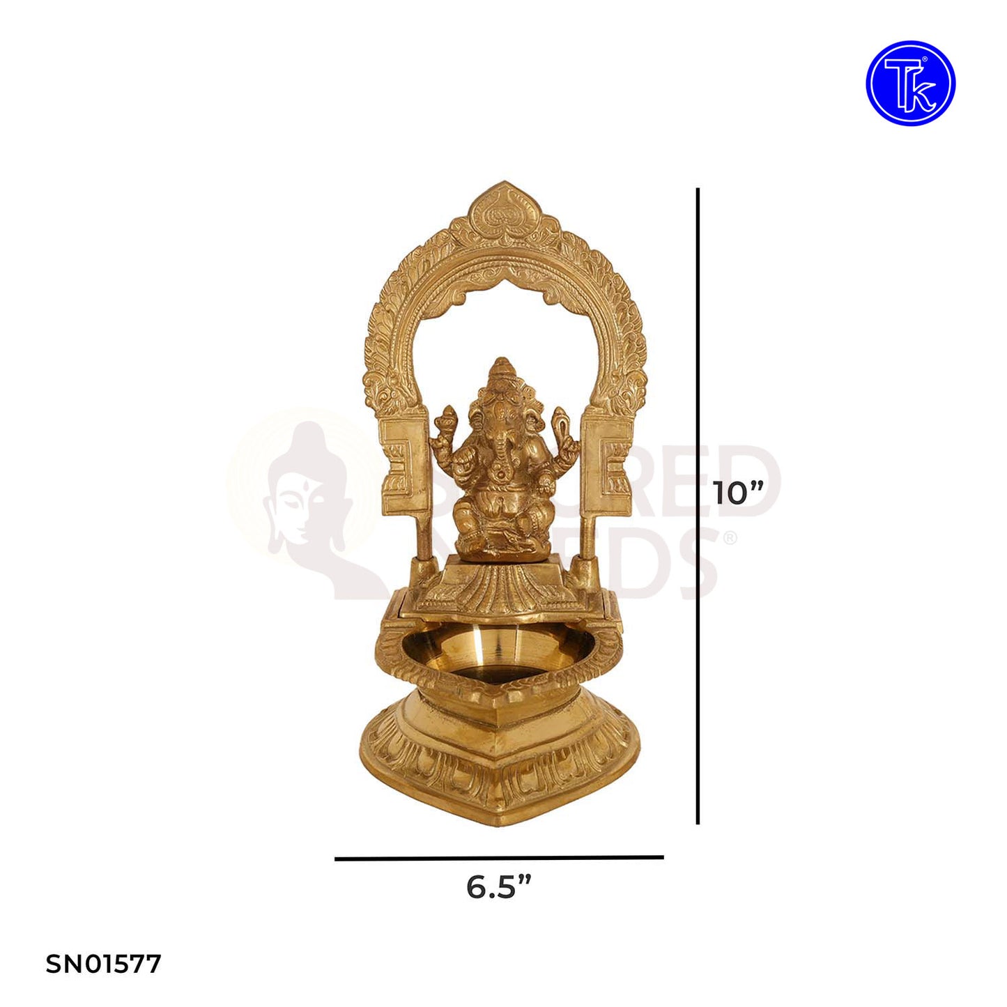Brass Ganesha Vilakku with Arch – 10 Inch Sacred Oil Lamp Decor