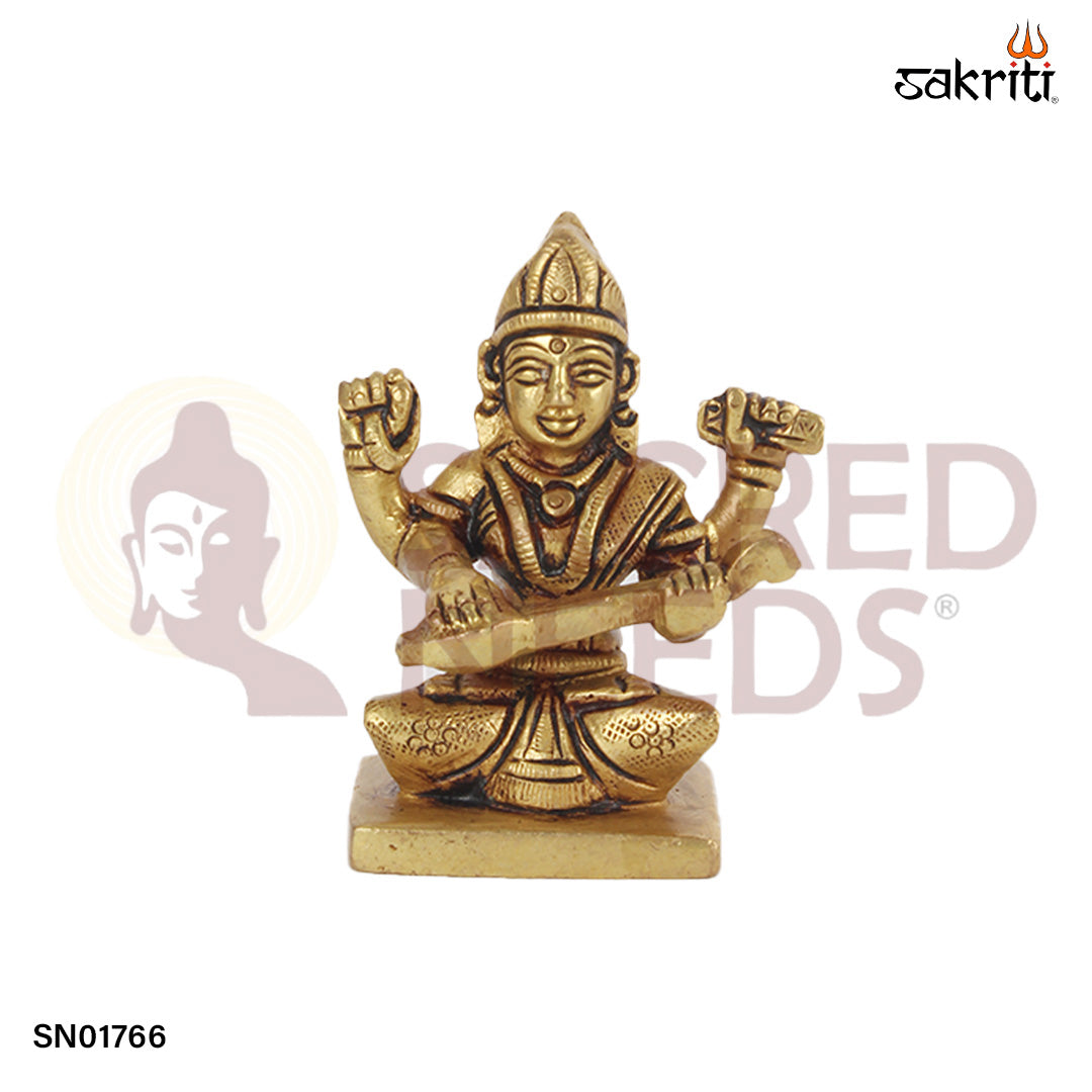 Brass Saraswathy – 2.8 Inch Goddess Saraswati Idol for Knowledge & Education Blessings