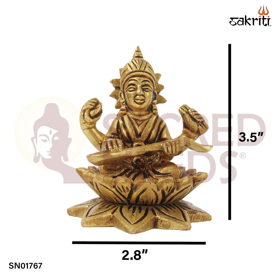 Brass Lotus Saraswathi – 3.5 Inch Saraswati Idol with Lotus Base for Student & Scholar Use