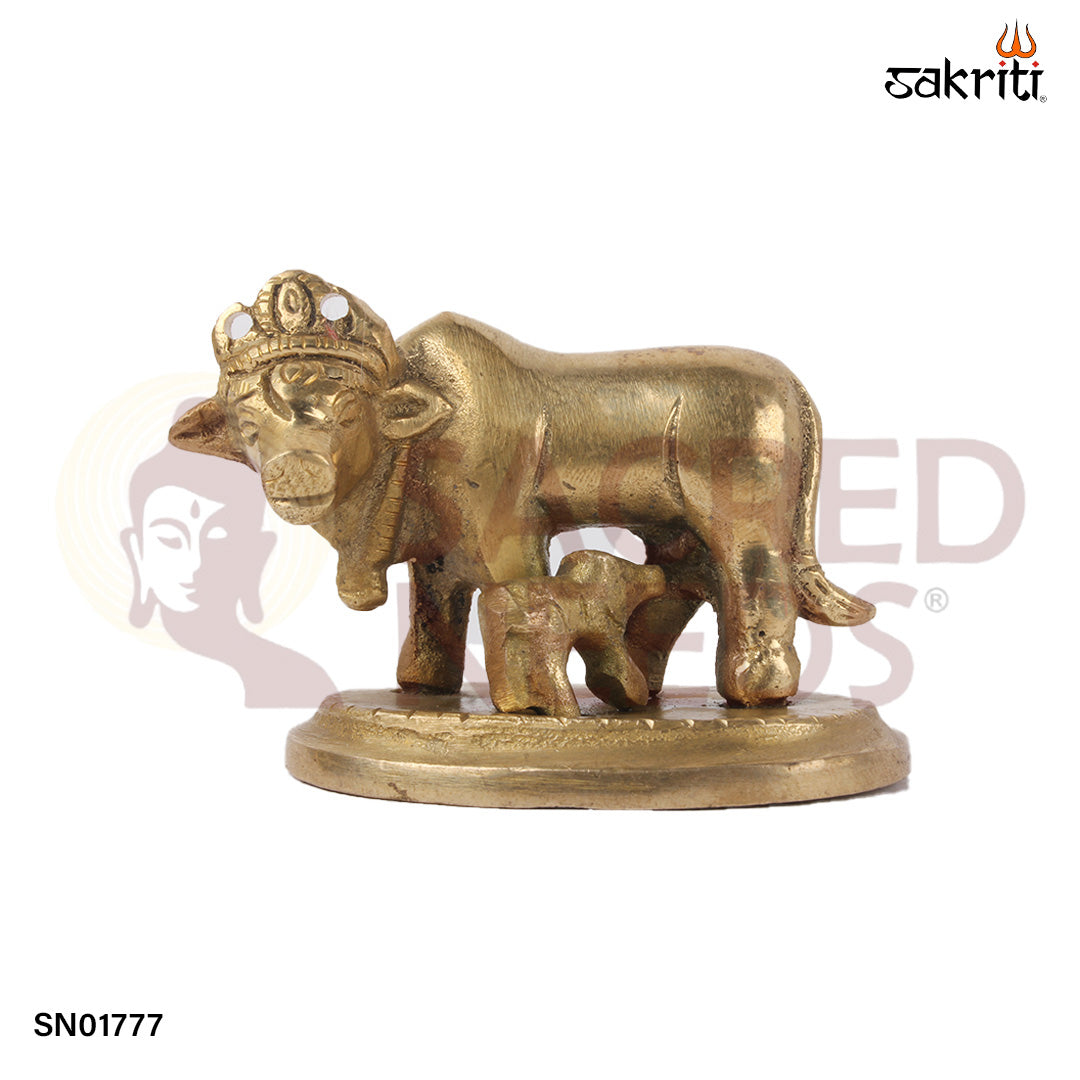 Brass Cow & Calf Oval Base – 2 Inch Kamadhenu with Calf Figurine on Oval Platform