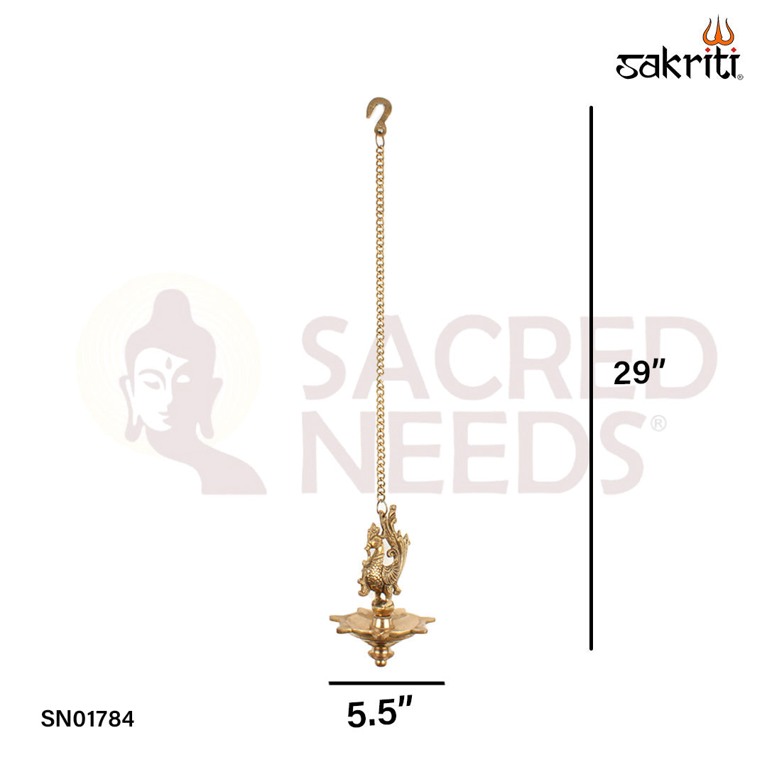 Brass 7 Mukh Annam Hanging Vilakku – 29 Inch Hanging Oil Lamp with 7 Wick Holders & Bird Motif