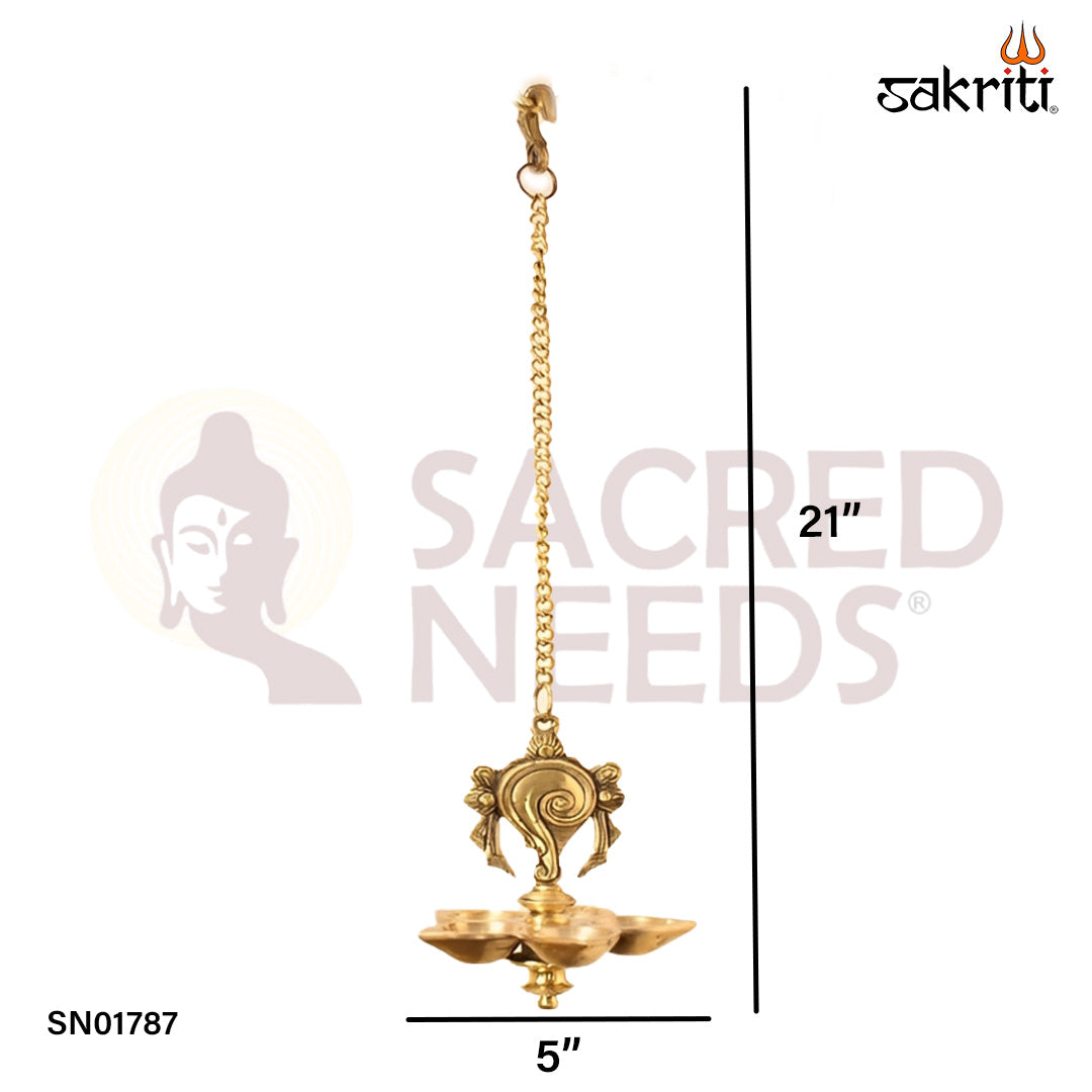 Brass 5 Mukh Shanku Vilakku with Hanging – 21 Inch Conch Design Deepam Lamp for Devotional Use
