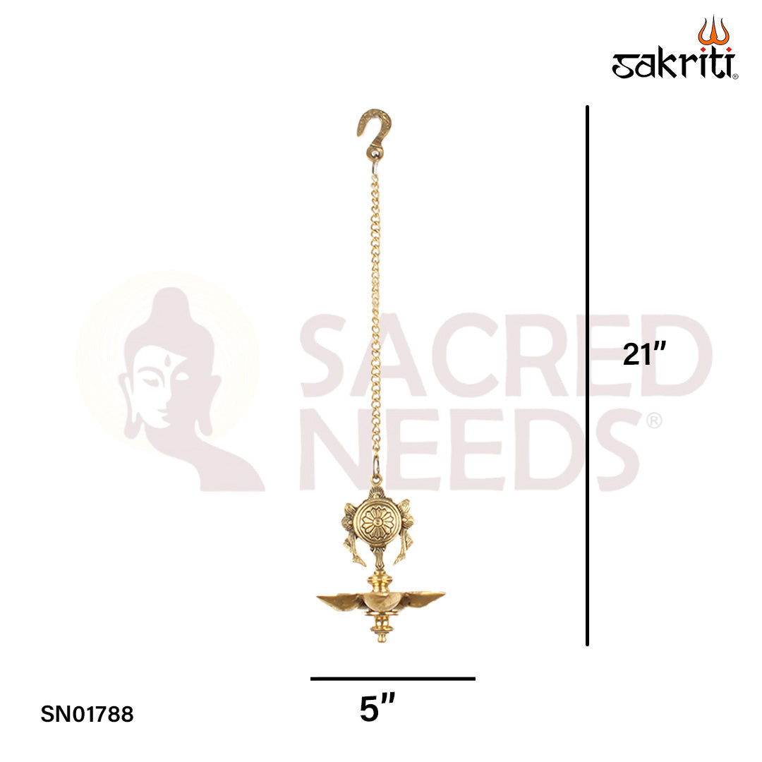 Brass 5 Mukh Chakra Vilakku with Hanging – 21 Inch Chakra Symbol Hanging Oil Lamp for Auspicious Lighting