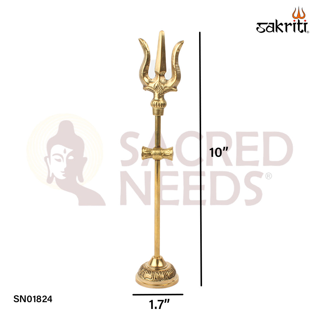 Brass Damroo Trishul with Base – 10 Inch Trident with Damru & Stand for Lord Shiva Worship