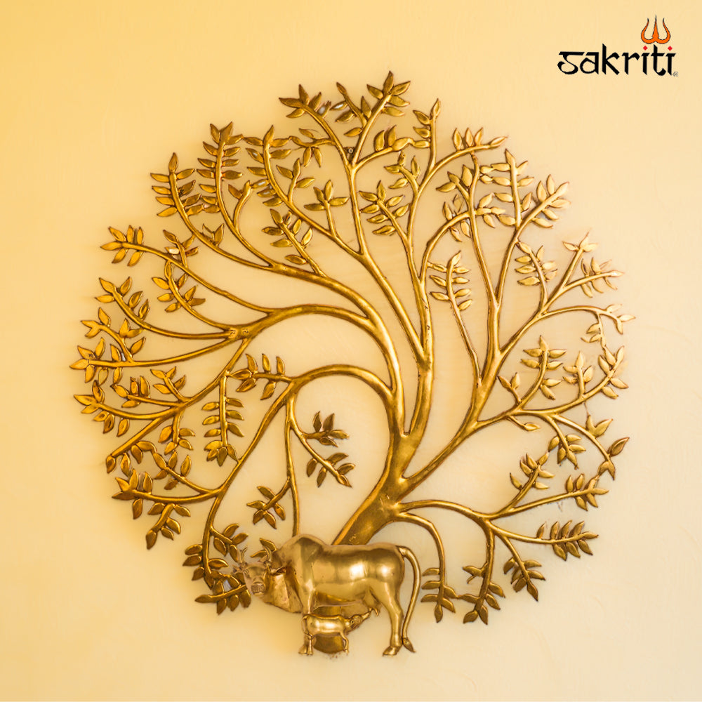 Brass Tree with Cow & Calf – 43.8 Inch Height | Large Brass Tree Scene with Cow & Calf