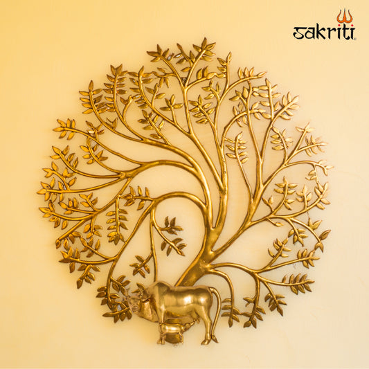 Brass Tree with Cow & Calf – 43.8 Inch Height | Large Brass Tree Scene with Cow & Calf
