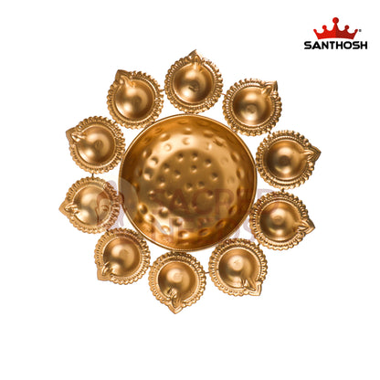 Iron 10 Vilakku Urli – 11.5 Inch Length | Traditional Multi-Wick Oil Lamp Bowl for Pooja & Home Décor