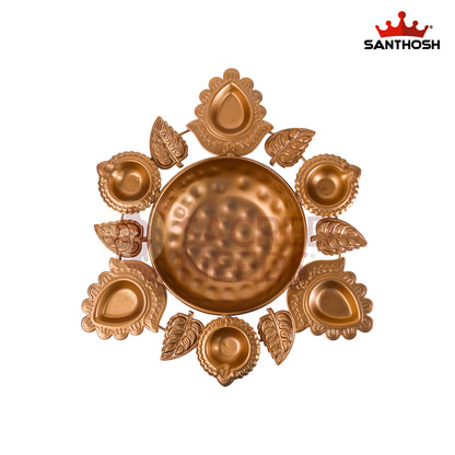 Iron 6 Leaf 3 Corn Vilakku Urli – 9.8 Inch Length | Traditional Multi-Wick Oil Lamp Bowl for Pooja & Home Décor