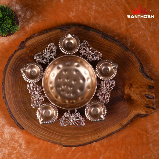 Iron 5 Butterfly Vilakku Urli – 8.6 Inch Length | Traditional Oil Lamp Bowl for Pooja, Festivals & Home Décor