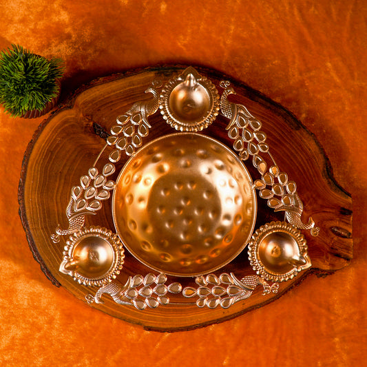 Iron 6 Peacock 3 Vilakku Urli – 10 Inch Length | Traditional Decorative Oil Lamp Bowl for Pooja & Home Décor