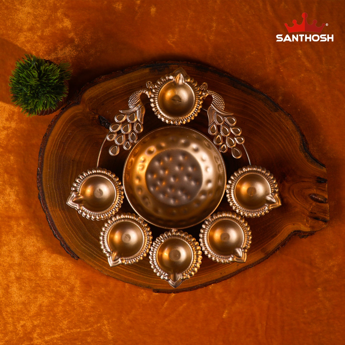 Iron 2 Peacock 6 Vilakku Urli – 10.5 Inch Length | Traditional Multi-Wick Oil Lamp Bowl for Pooja & Home Décor