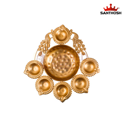 Iron 2 Peacock 6 Vilakku Urli – 10.5 Inch Length | Traditional Multi-Wick Oil Lamp Bowl for Pooja & Home Décor