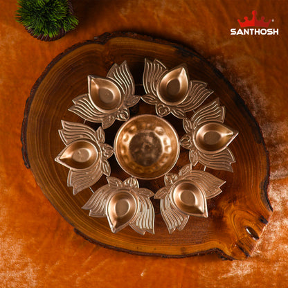 Iron 6 Lotus Vilakku Urli – 9.5 Inch Length | Traditional Multi-Wick Oil Lamp Bowl for Pooja & Home Décor