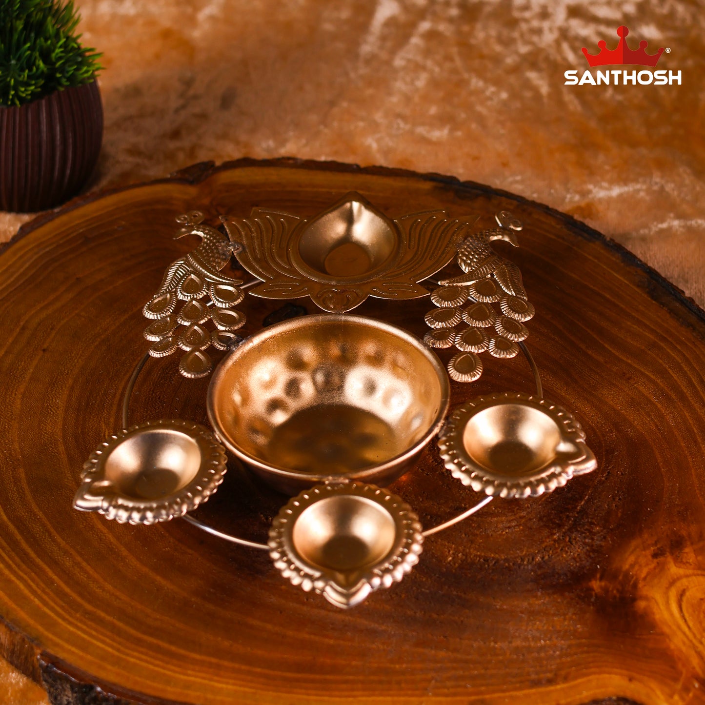 Iron 2 Peacock 3 Vilakku Urli – 8.5 Inch Length | Traditional Oil Lamp Bowl for Pooja & Home Décor