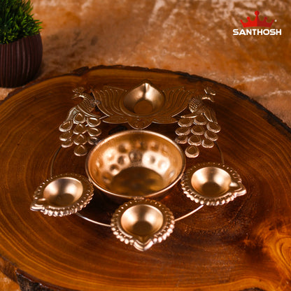 Iron 2 Peacock 3 Vilakku Urli – 8.5 Inch Length | Traditional Oil Lamp Bowl for Pooja & Home Décor