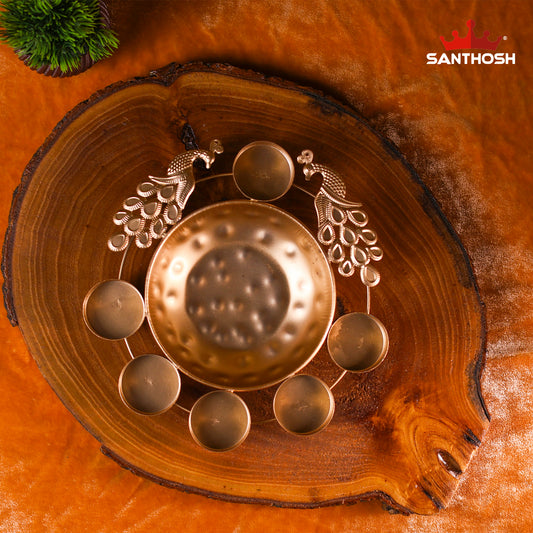 Iron 2 Peacock 6 Lite Urli – 8 Inch Length | Traditional Decorative Oil Lamp Bowl for Pooja & Home Décor