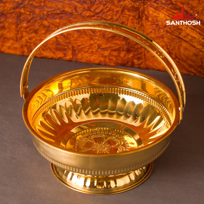 Brass ICC Round Flower Basket – 8 Inch Length | Traditional Brass Basket for Pooja, Offerings & Home Décor