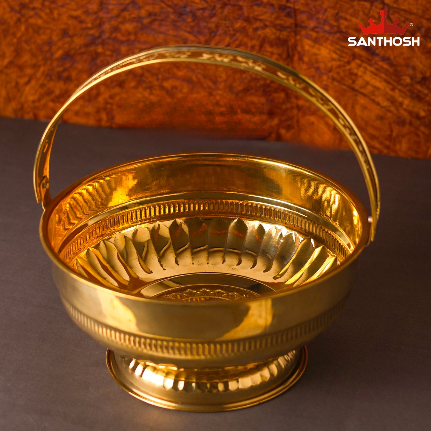 Brass ICC Round Flower Basket – 9.4 Inch Length | Traditional Brass Basket for Pooja, Offerings & Home Décor