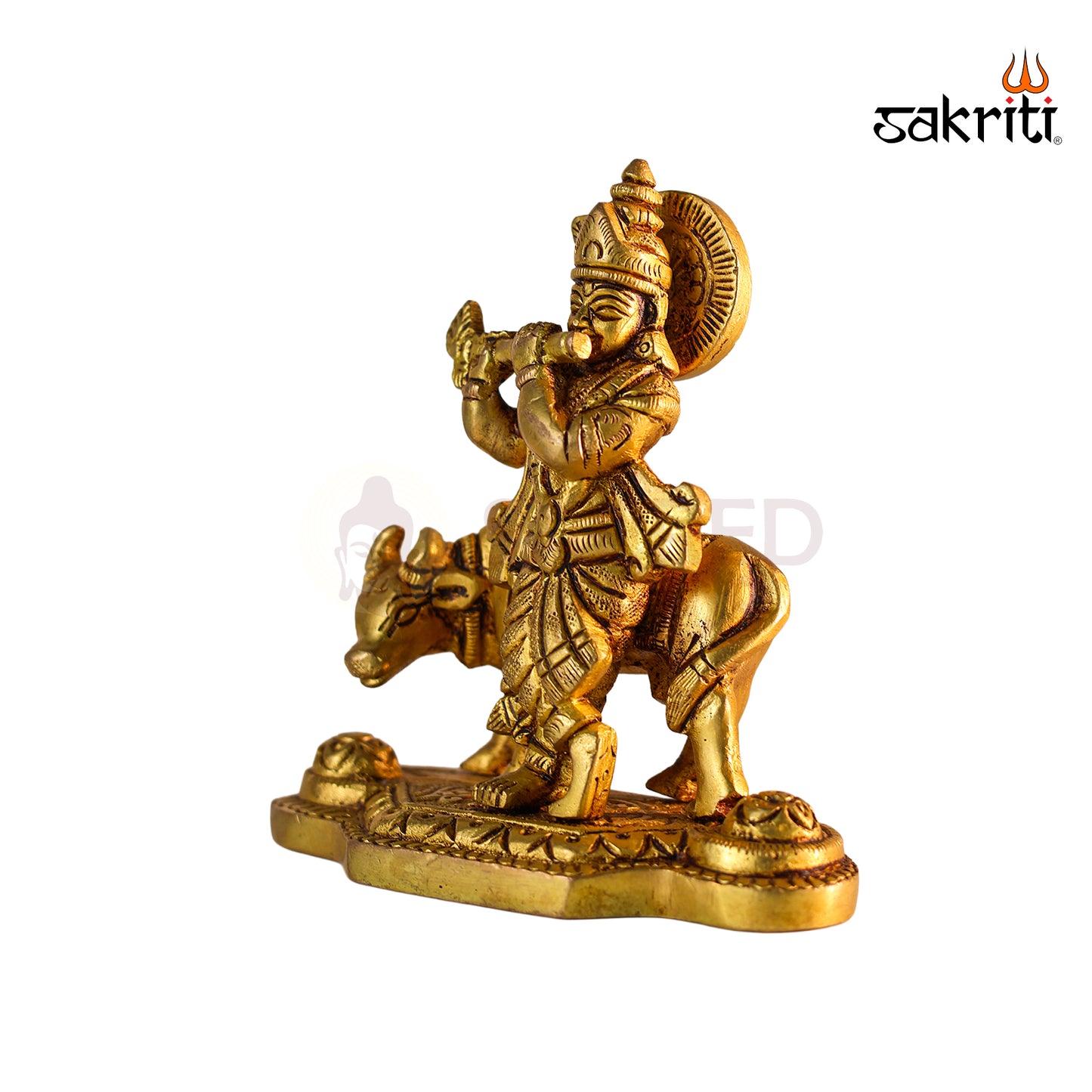 Sacred Needs Brass Cow Krishna Idol – 4.4 Inch (11.2 cm) Height | Krishna with Cow Statue for Pooja Room, Temple & Home Décor