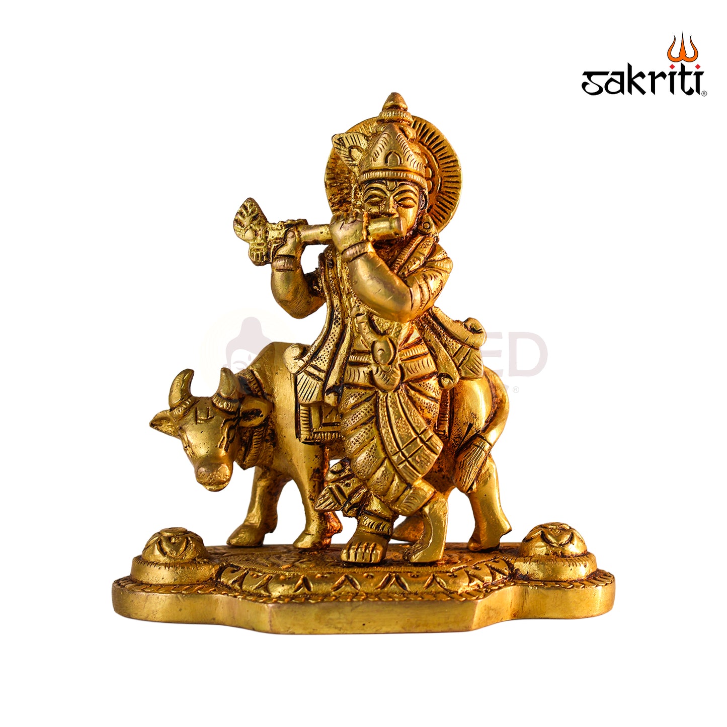 Sacred Needs Brass Cow Krishna Idol – 4.4 Inch (11.2 cm) Height | Krishna with Cow Statue for Pooja Room, Temple & Home Décor