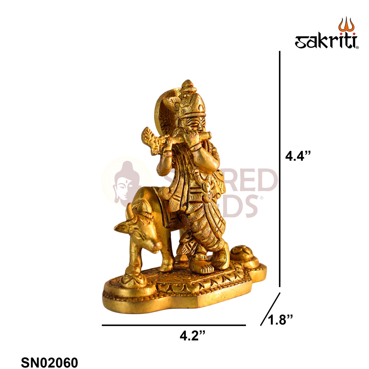 Sacred Needs Brass Cow Krishna Idol – 4.4 Inch (11.2 cm) Height | Krishna with Cow Statue for Pooja Room, Temple & Home Décor