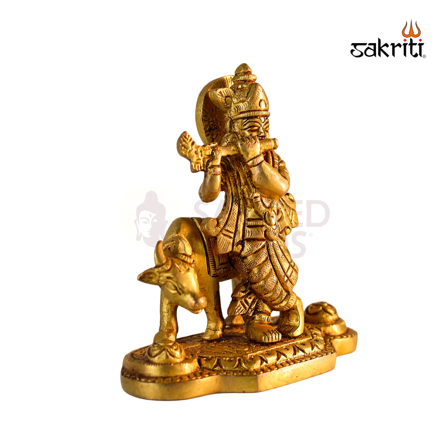 Sacred Needs Brass Cow Krishna Idol – 4.4 Inch (11.2 cm) Height | Krishna with Cow Statue for Pooja Room, Temple & Home Décor