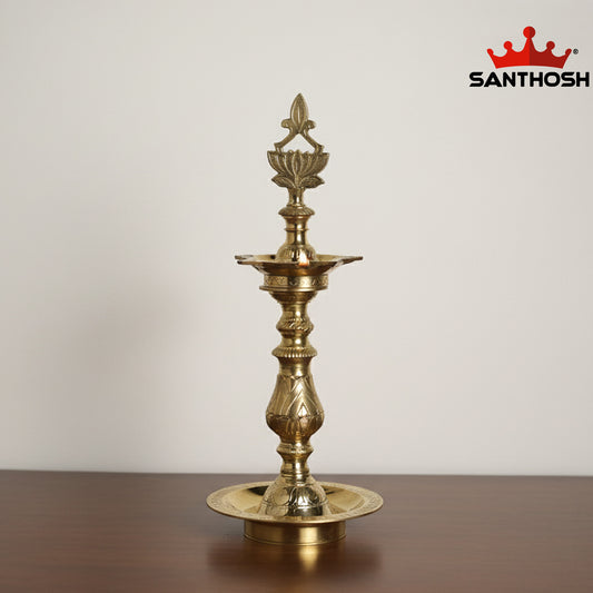 Sacred Needs Brass Katta Kuthu Vilakku with Lotus Porai – 16 Inch (40.6 cm) Height | Traditional Deepam Oil Lamp for Temple, Pooja Room & Home Décor