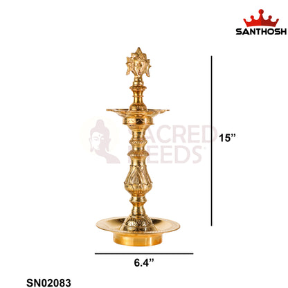 Sacred Needs Katta Kuthu Vilakku Sanku-Chakara – 15 Inch (38.1 cm) Traditional Brass Lamp for Temple & Home Pooja Décor