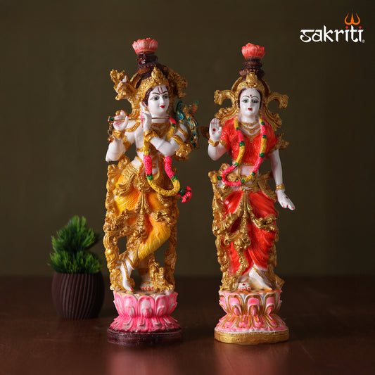 Sacred Needs Marble Dust Lotus Radha Krishna Idol Set – 14 Inch (35.6 cm) Height | Spiritual Pooja Room & Temple Décor