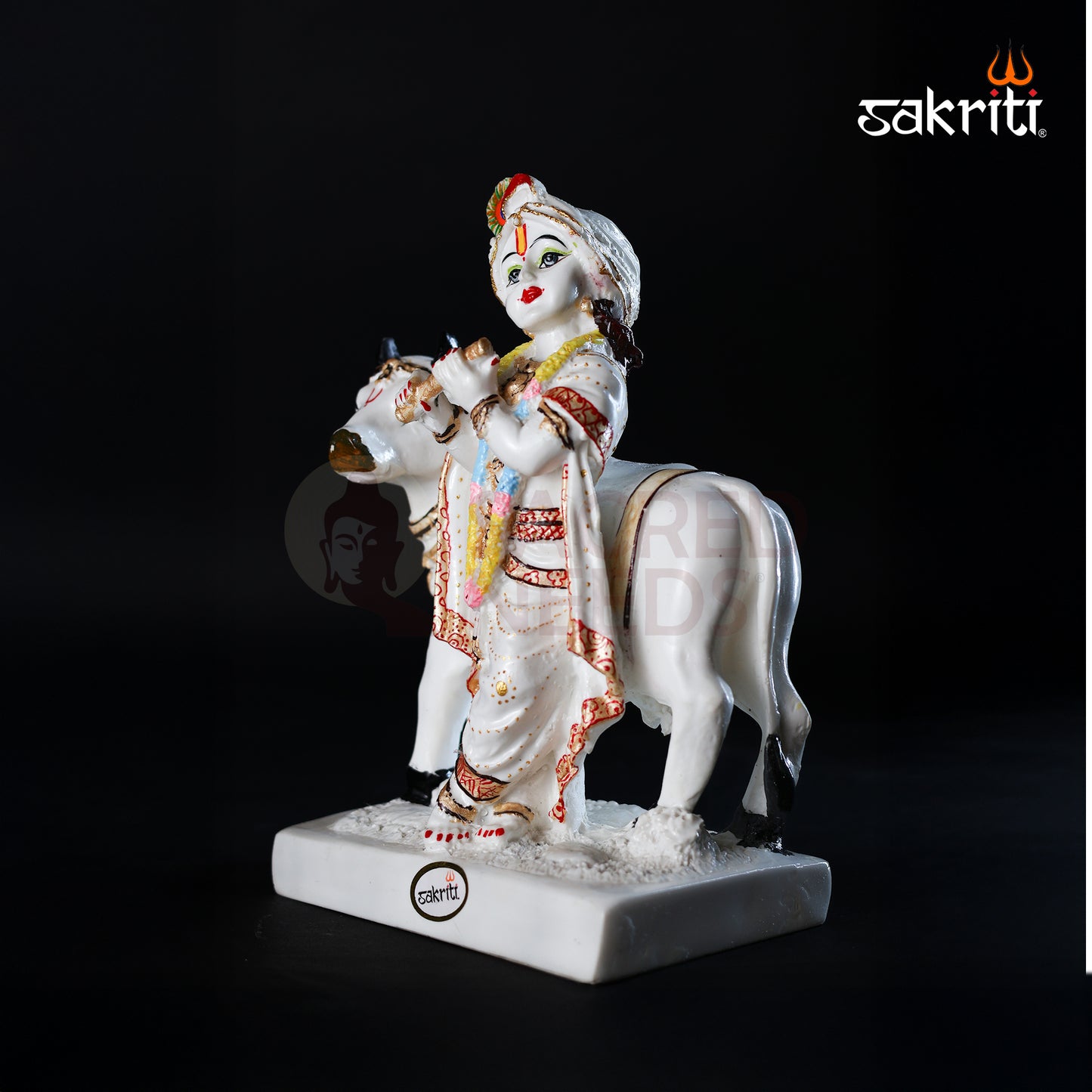 Sacred Needs Marble Dust Cow Krishna Idol – 8.5 Inch (21.6 cm) Height | Radha Krishna with Cow Statue for Temple, Pooja Room & Home Décor