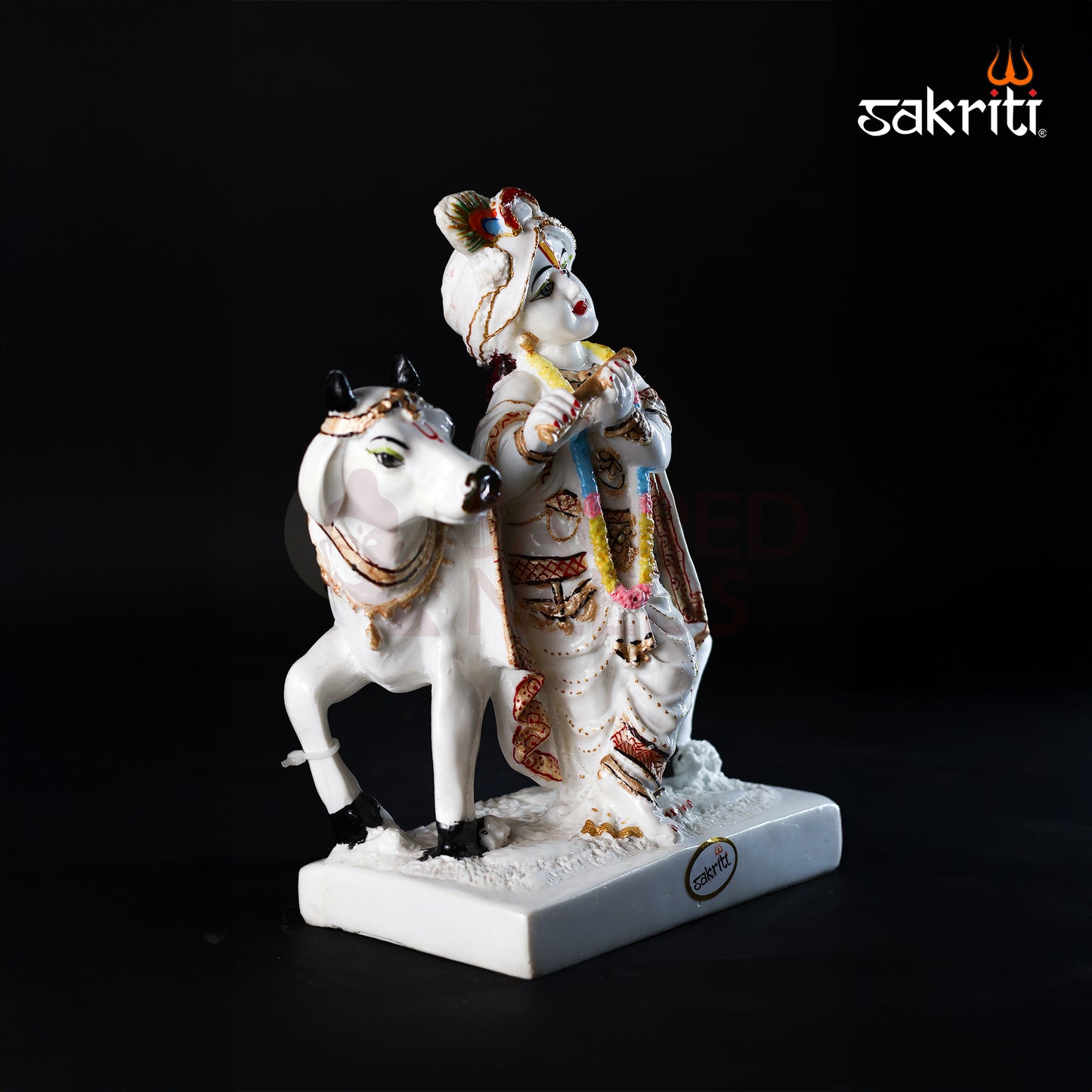 Sacred Needs Marble Dust Cow Krishna Idol – 8.5 Inch (21.6 cm) Height | Radha Krishna with Cow Statue for Temple, Pooja Room & Home Décor