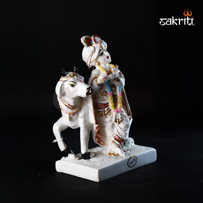 Sacred Needs Marble Dust Cow Krishna Idol – 8.5 Inch (21.6 cm) Height | Radha Krishna with Cow Statue for Temple, Pooja Room & Home Décor