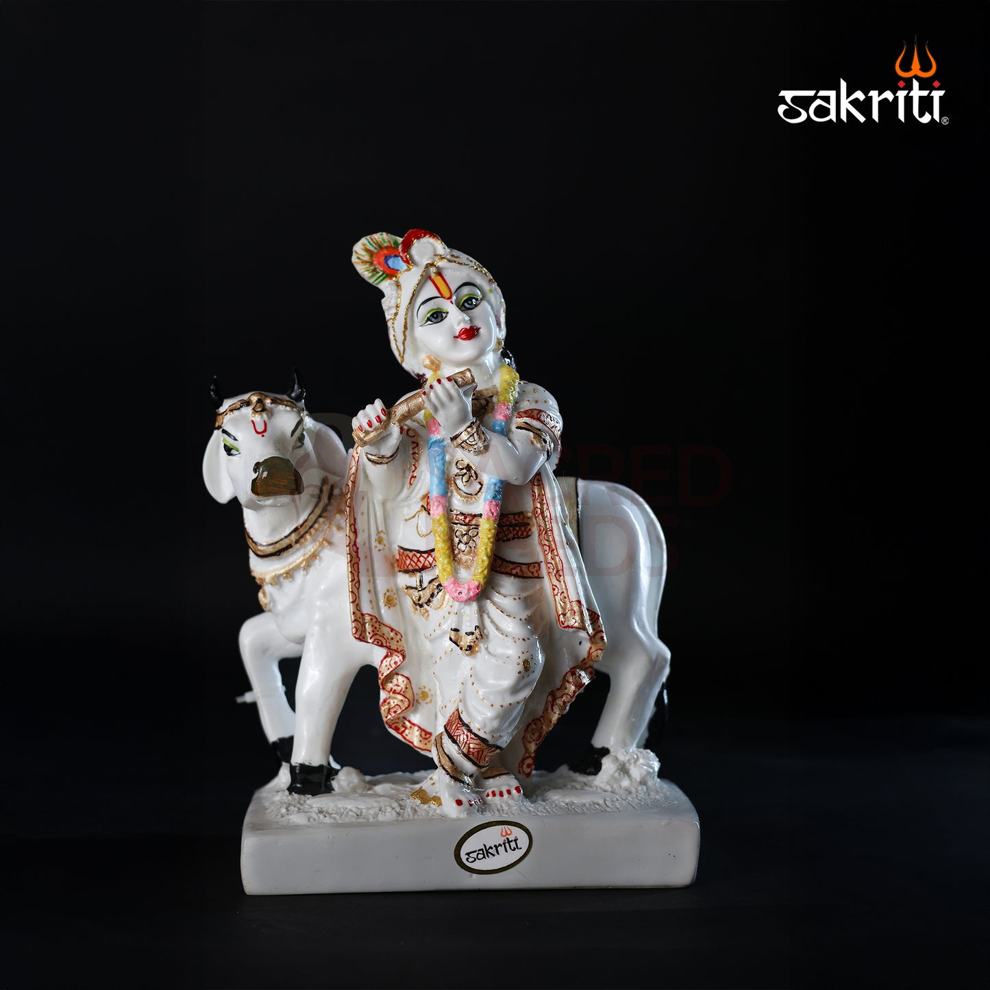 Sacred Needs Marble Dust Cow Krishna Idol – 8.5 Inch (21.6 cm) Height | Radha Krishna with Cow Statue for Temple, Pooja Room & Home Décor
