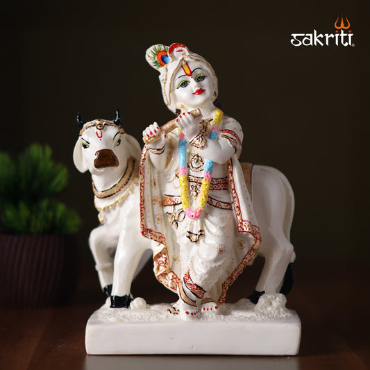 Sacred Needs Marble Dust Cow Krishna Idol – 8.5 Inch (21.6 cm) Height | Radha Krishna with Cow Statue for Temple, Pooja Room & Home Décor