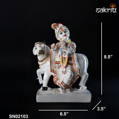 Sacred Needs Marble Dust Cow Krishna Idol – 8.5 Inch (21.6 cm) Height | Radha Krishna with Cow Statue for Temple, Pooja Room & Home Décor