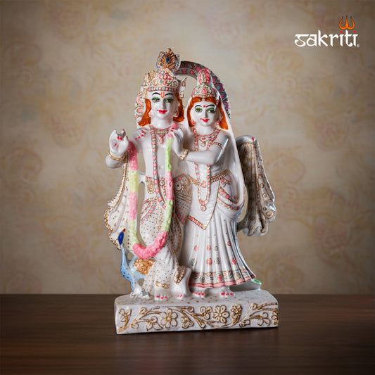 Marble Dust Radha Krishna with Peacock – 14.7 Inch Height | Spiritual & Temple Decor