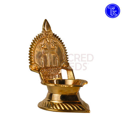 Sacred Needs Brass Cross Vilakku – 5.9 Inch (15 cm) Height | Traditional Pooja Lamp for Temple & Home Décor