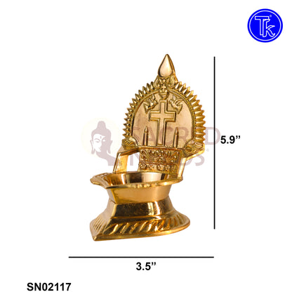 Sacred Needs Brass Cross Vilakku – 5.9 Inch (15 cm) Height | Traditional Pooja Lamp for Temple & Home Décor