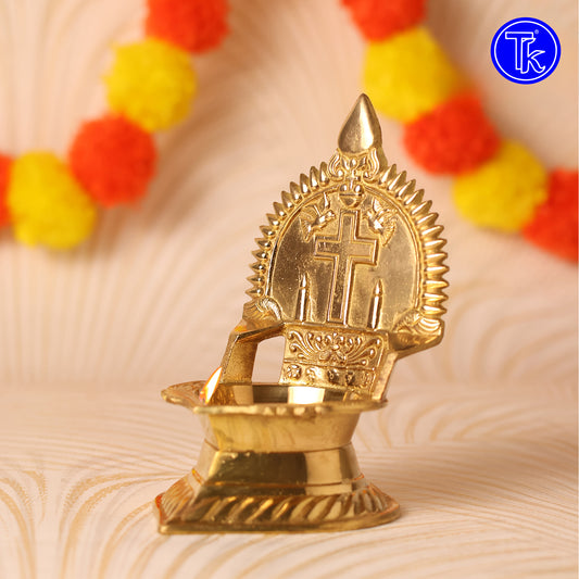 Sacred Needs Brass Cross Vilakku – 5.9 Inch (15 cm) Height | Traditional Pooja Lamp for Temple & Home Décor