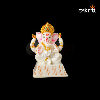 Marble Dust Chowki Ganesha – 6.8 Inch Height | Small Ganesh on Chowki Figurine for Temple & Home Decor